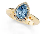 Fancy Blue Pear Cut Diamond Halo Engagement Ring Set in Yellow gold with Plain Split Shank and Prong Setting