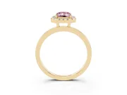 Fancy Pink Emerald Cut Diamond Halo Solitaire Ring Set in Yellow gold with Pavé Band and Prong Setting