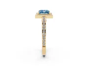 Fancy Blue Princess Cut Diamond Halo Pavé Split Shank Ring Set in Yellow gold with Prong Setting