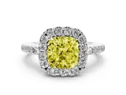 Cushion Cut Pave Halo Engagement Ring Setting for a Fancy Yellow Lab-Grown Diamond | Pave Band | White Gold