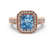 Fancy Blue Radiant Cut Diamond Halo Ring Set in Rose gold with Round Accent Halo, Pavé Band and Prong Setting