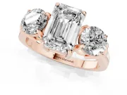 Emerald Cut Three Stone Engagement Ring Setting | Round Side Stones and Open Baskets | Rose Gold