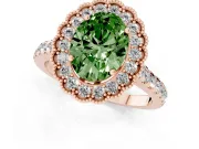 Fancy Green Oval Cut Diamond Milgrain Floral Halo Engagement Ring Set in Rose gold with Pavé Band
