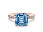 Fancy Blue Asscher Cut Diamond Pavé Band Solitaire Set in Rose gold with Prong Setting