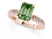 Fancy Green Emerald Cut Diamond Solitaire Ring Set in Rose gold with Slim Pavé Band and Prong Setting