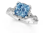 Princess Cut Milgrain Halo Engagement Ring Setting for a Fancy Blue Lab-Grown Diamond | Graduated Shoulders | White Gold