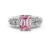 Fancy Pink Emerald Cut Diamond Cluster Engagement Ring Set in Platinum with Pavé Band and Prong Setting
