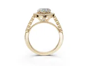 Heart-Shaped Lab-Grown Diamond Milgrain Halo Solitaire Ring Set in Yellow Gold with Bezel Set Side Stones and Pavé Band