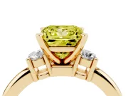 Fancy Yellow Three-Stone Princess Cut Diamond Ring Set in Yellow gold with Prong Setting and Plain Band