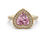 Fancy Pink Heart Cut Diamond Halo Ring Set in Yellow gold with Pavé Band and Milgrain-Edged Prongs