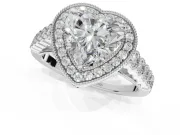Heart-Shaped Lab-Grown Diamond Milgrain Halo Solitaire Ring Set in Platinum with Bezel Set Side Stones and Pavé Band