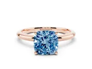 Fancy Blue Cushion Cut Diamond Solitaire Engagement Ring Set in Rose gold with Prong Setting and Polished Band
