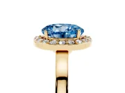 Fancy Blue Round Cut Diamond Halo Ring Set in Yellow gold with Solitaire Band and Prong Setting