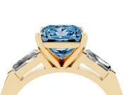 Fancy Blue Princess Cut Diamond Solitaire Ring Set in Yellow gold with Tapered Baguette Side Stones and Prong Setting