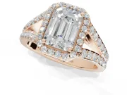 Emerald Cut Halo Pavé Engagement Ring Setting | Narrow Split Shank | Rose Gold