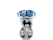 Fancy Blue Round Cut Diamond Milgrain Leaf Band Solitaire Ring Set in Platinum with Accent Stones and Prong Setting