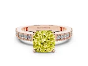 Fancy Yellow Cushion Cut Diamond Solitaire Ring Set in Rose gold with Slim Pavé Band and Prong Setting