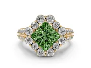 Fancy Green Princess Cut Diamond Halo Engagement Ring Set in Yellow gold with Split Shank and Prong Setting