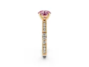 Fancy Pink Round Cut Diamond Solitaire Ring Set in Yellow gold with Slim Pavé Band and Prong Setting