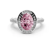 Fancy Pink Oval Cut Diamond Halo Pavé Split Shank Ring Set in White gold with Prong Setting