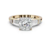 Cushion Cut Tapered Baguette Engagement Ring Setting | Bar Set Sides | Yellow Gold