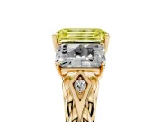 Fancy Yellow Emerald Cut Diamond Three-Stone Ring Set in Yellow gold with Braided Band