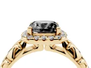 Cushion Cut Leaf Halo Engagement Ring Setting for a Black Center | Bezel Accents | Yellow Gold