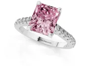 Fancy Pink Radiant Cut Diamond Solitaire Ring Set in Silver with Brilliant Pavé Band and Prong Setting