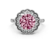 Fancy Pink Round Cut Diamond Milgrain Floral Halo Engagement Ring Set in White gold with Pavé Band
