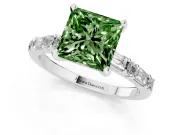 Fancy Green Princess Cut Diamond Solitaire Set in White gold with Side Baguettes and Channel Set Band