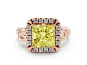 Fancy Yellow Princess Cut Diamond Halo Ring Set in Rose gold with Scrollwork Band and Prong Setting