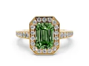 Fancy Green Emerald Cut Diamond Halo Pavé Engagement Ring Set in Yellow gold with Bezel Setting