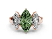 Fancy Green Three-Stone Marquise Cut Diamond Ring Set in Rose gold with Matching Prong Settings and Plain Band
