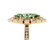 Fancy Green Marquise Cut Diamond Halo Milgrain Pavé Ring Set in Yellow gold with Prong Setting