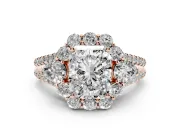 Radiant Cut Scalloped Halo Engagement Ring Setting | Pear Side Stones | Rose Gold
