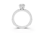 Cushion Cut Diamond Solitaire Ring Set in White gold with Slim Pavé Band and Prong Setting
