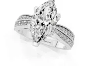 Marquise Cut Diamond Solitaire Ring Set in Silver with Milgrain Double Row Round Pavé Band