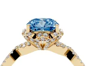 Fancy Blue Cushion Cut Diamond Halo Twist Band Solitaire Ring Set in Yellow gold with Prong-Set Center Stone