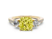 Cushion Cut Three Stone Engagement Ring Setting for a Fancy Yellow Lab-Grown Diamond | Pave Shoulders | Yellow Gold