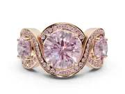 Round Three Stone Halo Engagement Ring Setting for a Fancy Pink Lab-Grown Diamond | Pavé Wave Band | Rose Gold