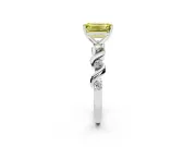 Fancy Yellow Emerald Cut Diamond Solitaire Ring Set in White gold with Ribbon Twist Band, Round Accents and Prong Setting