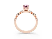 Fancy Pink Emerald Cut Diamond Solitaire Ring Set in Rose gold with Ribbon Twist Band, Round Accents and Prong Setting