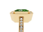 Fancy Green Radiant Cut Diamond Halo Engagement Ring Set in Yellow gold with Pavé Band and Round Halo Stones