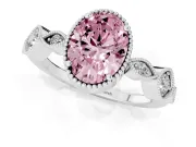 Fancy Pink Oval Cut Diamond Vintage-Inspired Milgrain Ring Set in White gold with Marquise Stations of Round Accents