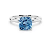 Fancy Blue Cushion Cut Diamond Solitaire Engagement Ring Set in Silver with Prong Setting and Polished Band