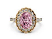 Fancy Pink Oval Cut Diamond Milgrain Floral Halo Engagement Ring Set in Yellow gold with Pavé Band