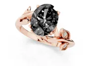 Fancy Black Oval Cut Diamond Solitaire Twist Engagement Ring Set in Rose gold with Pavé Leaf Accents