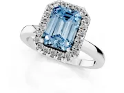 Fancy Blue Emerald Cut Diamond Halo Solitaire Ring Set in Silver with Pavé Band and Prong Setting