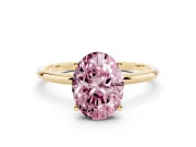Fancy Pink Oval Cut Diamond Solitaire Engagement Ring Set in Yellow gold with Thin Band and Prong Setting