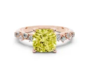 Fancy Yellow Cushion Cut Diamond Solitaire Vine Band Ring Set in Rose gold with Round Accents and Prong Setting